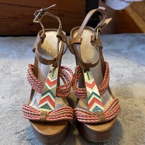 Aldo Brown Platform Sandals with Coral Braided Straps and Turquoise Chevron